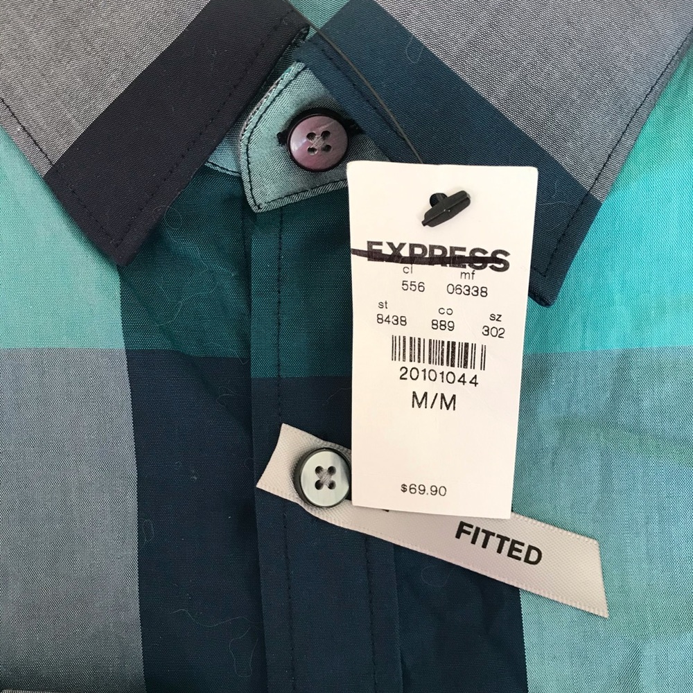 Express aqua plaid fitted shirt men’s med